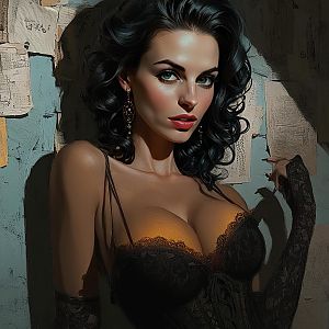 Stylized Digital Portrait of Woman in Black Lace Lingerie