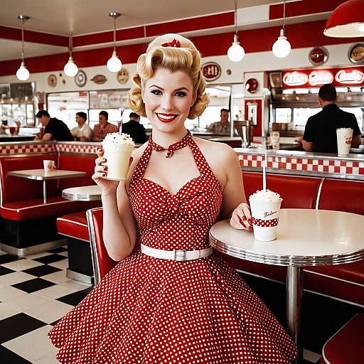 Vintage 1950s Style Woman Enjoying Milkshake in Retro Diner