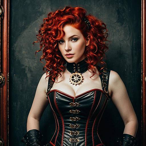 Steampunk Woman with Red Curly Hair in Leather Corset