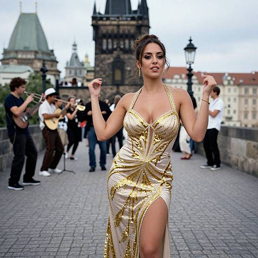 Elegant Woman in Gold Sequin Dress Posing on Historic European Bridge with Street Musicians