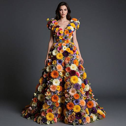 Woman Wearing Stunning Multicolor Floral Dress in High Fashion Photography