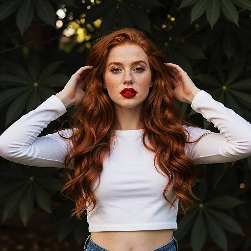 Red Haired Woman with Curly Hair in White Crop Top Outdoors