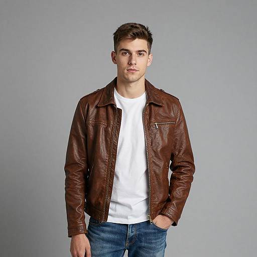Young Man in Brown Leather Jacket Casual Style Portrait