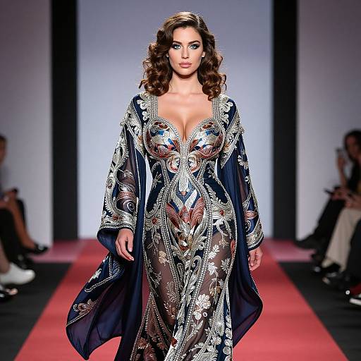 Runway Model in Elegant Embroidered Navy Sheer Gown
