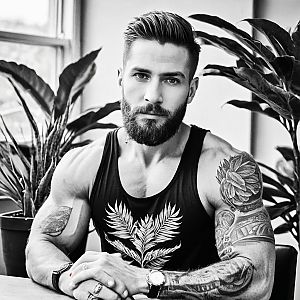 Bearded Man with Tattoos in Botanical Tank Top