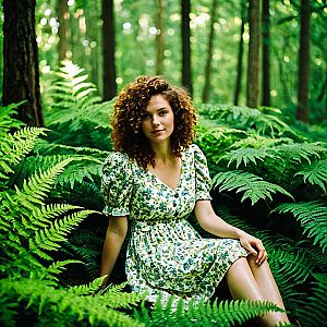 Woman in Floral Dress Among Ferns