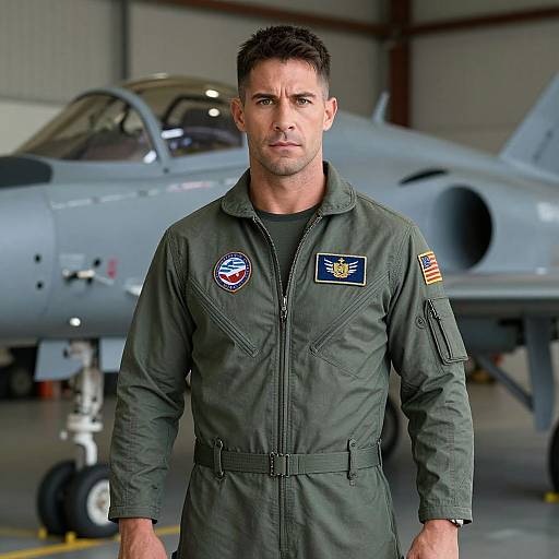 Male Pilot in Flight Suit Standing by Fighter Jet in Hangar