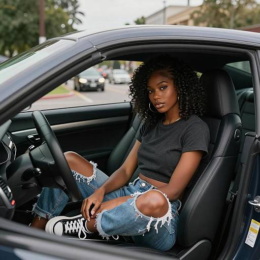 Young Woman in Casual Outfit Sitting in Modern Car Driver's Seat