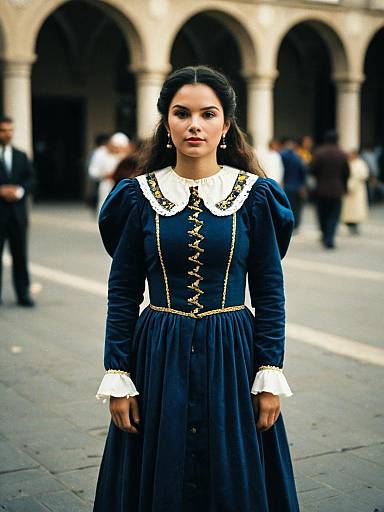 Woman in Traditional Blue Dress with Gold Embroidery Standing Outdoors