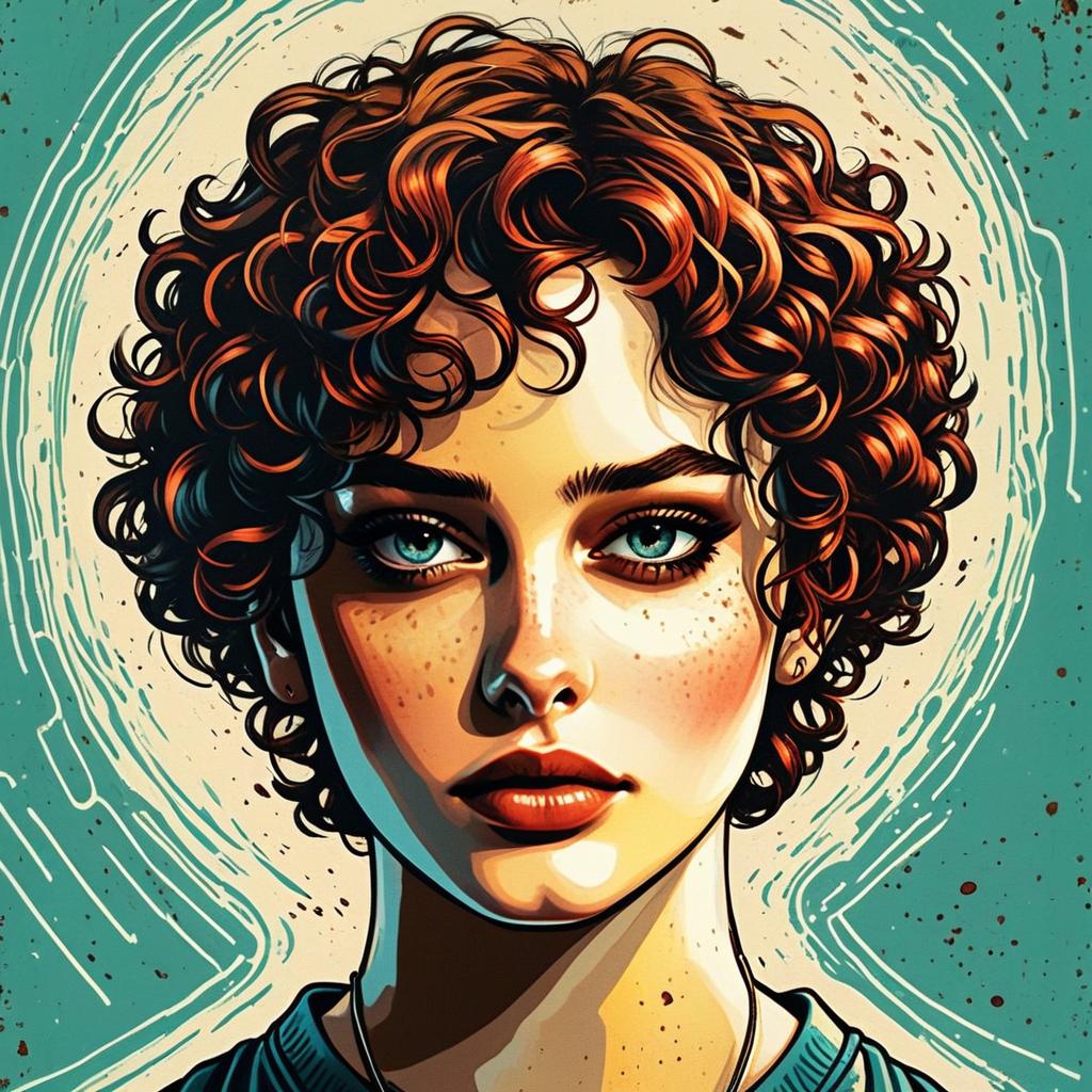 Portrait of a Woman with Curly Red Hair and Blue Eyes Digital Illustration