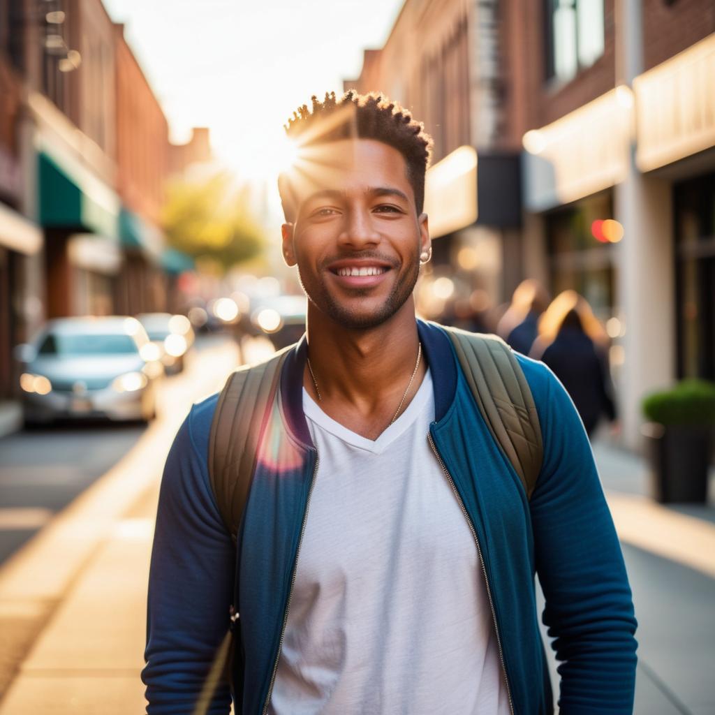 Young man smiling on sunlit urban street