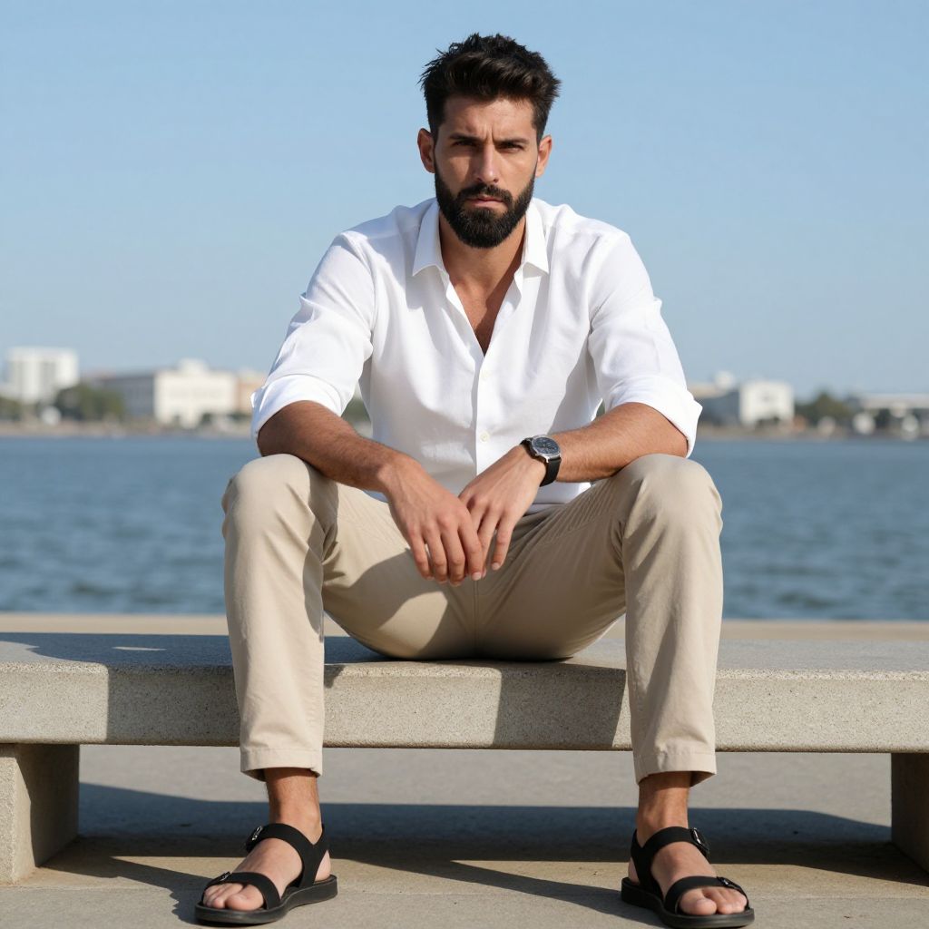 Man Sitting on Bench by Waterfront in Casual Elegant Attire