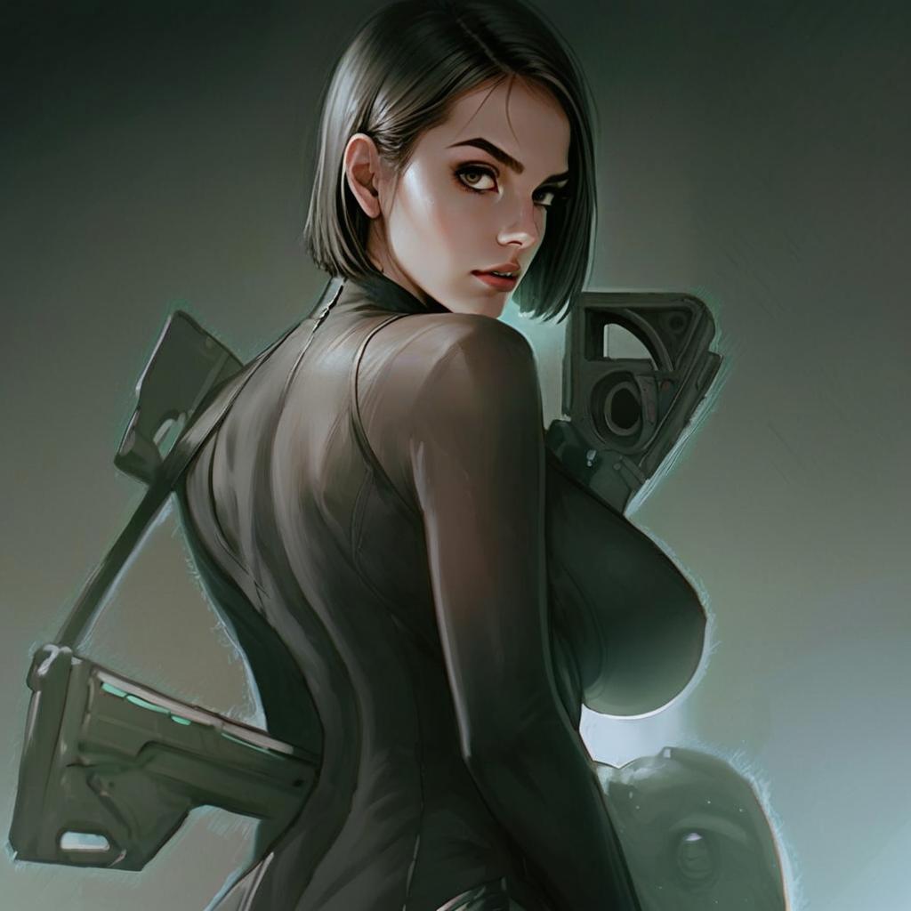 Confident Woman with Futuristic Firearm Confident Woman with Futuristic Firearm