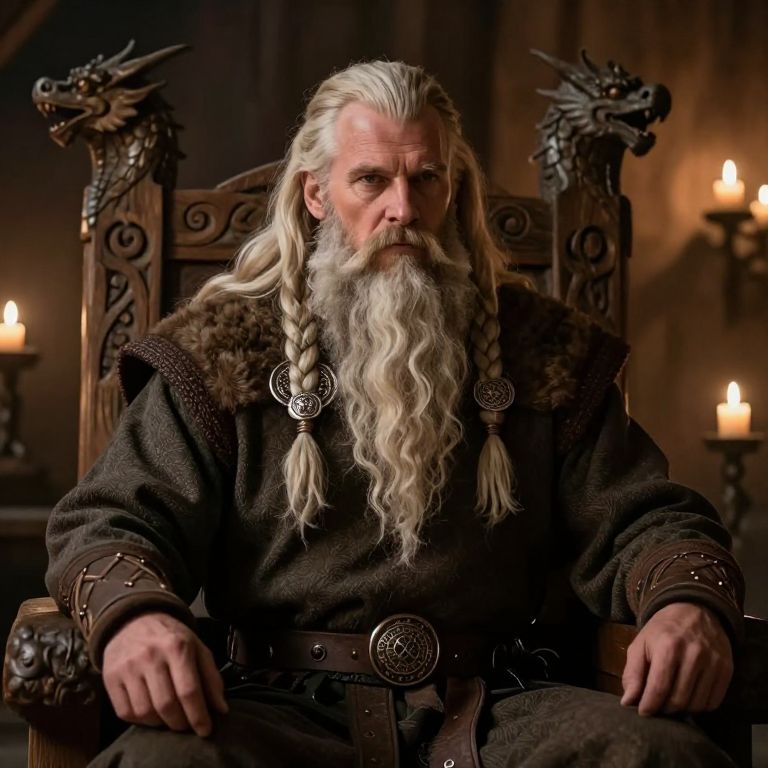 Elderly Viking Chieftain on Ornate Dragon Throne