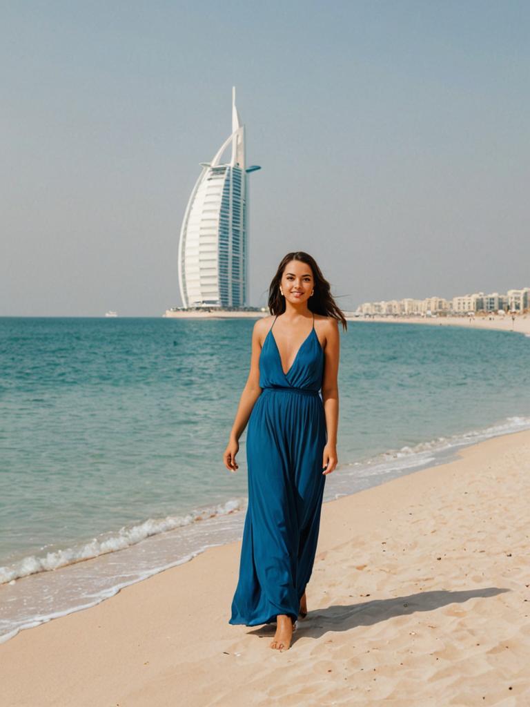 Woman in Blue Dress on Dubai Beach with Burj Al Arab