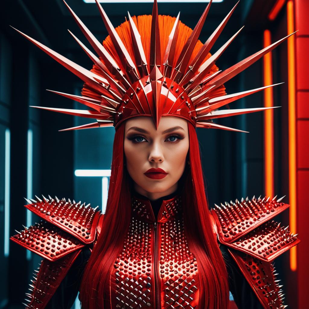 Futuristic Woman in Red Spiked Armor and Headpiece