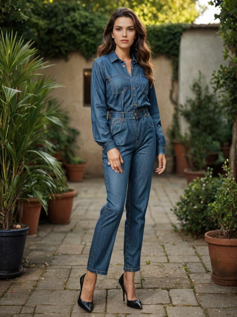 Confident Woman in Denim in Garden Setting