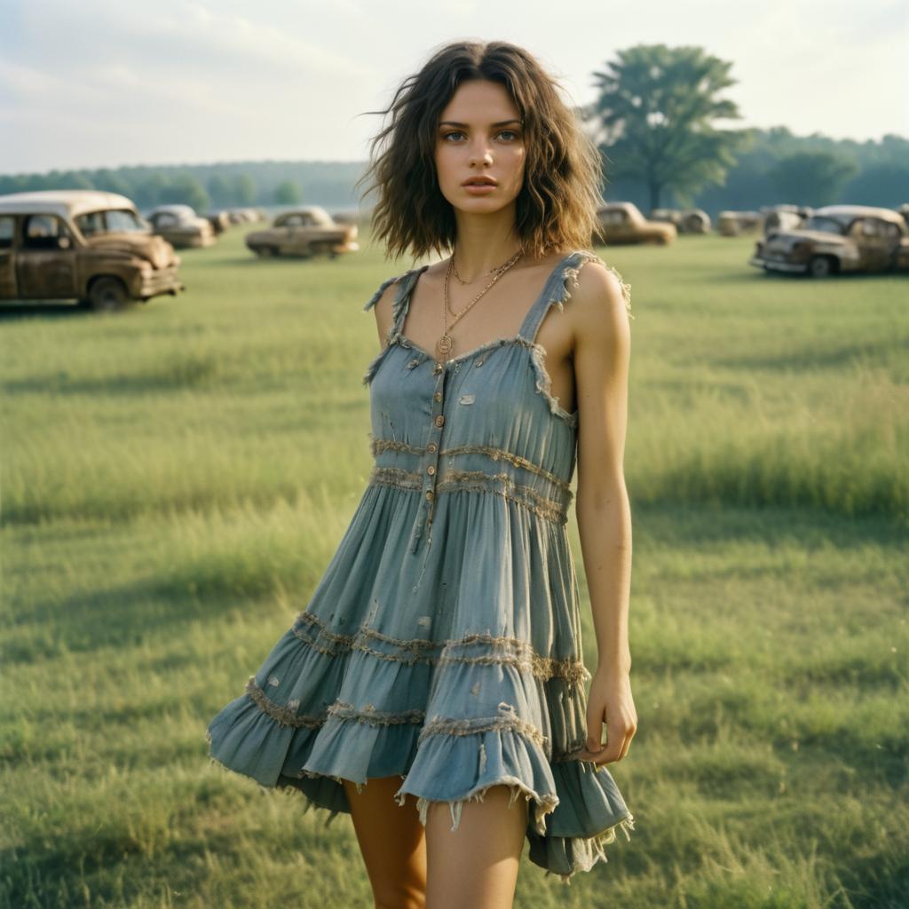 Young Woman in Blue Dress Amid Vintage Cars