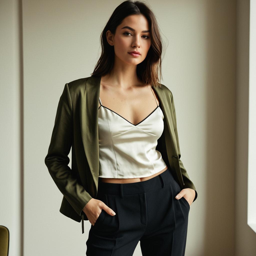 Elegant Young Woman Wearing Olive Blazer and White Satin Camisole