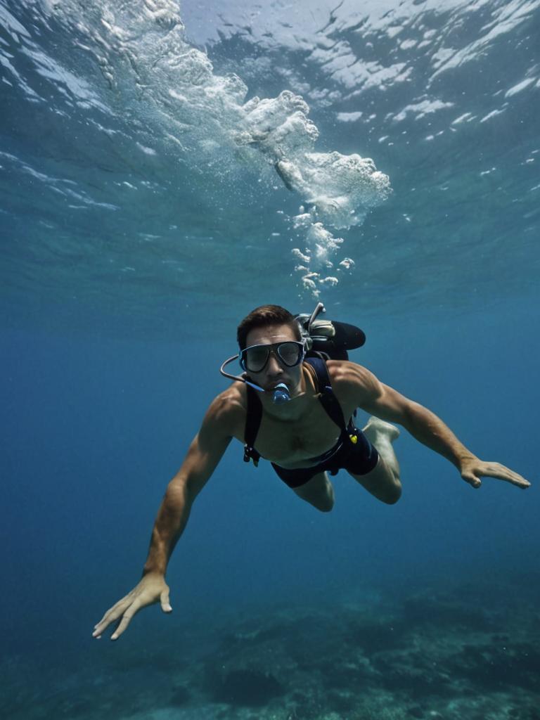 Man Diving Underwater in Clear Blue Water