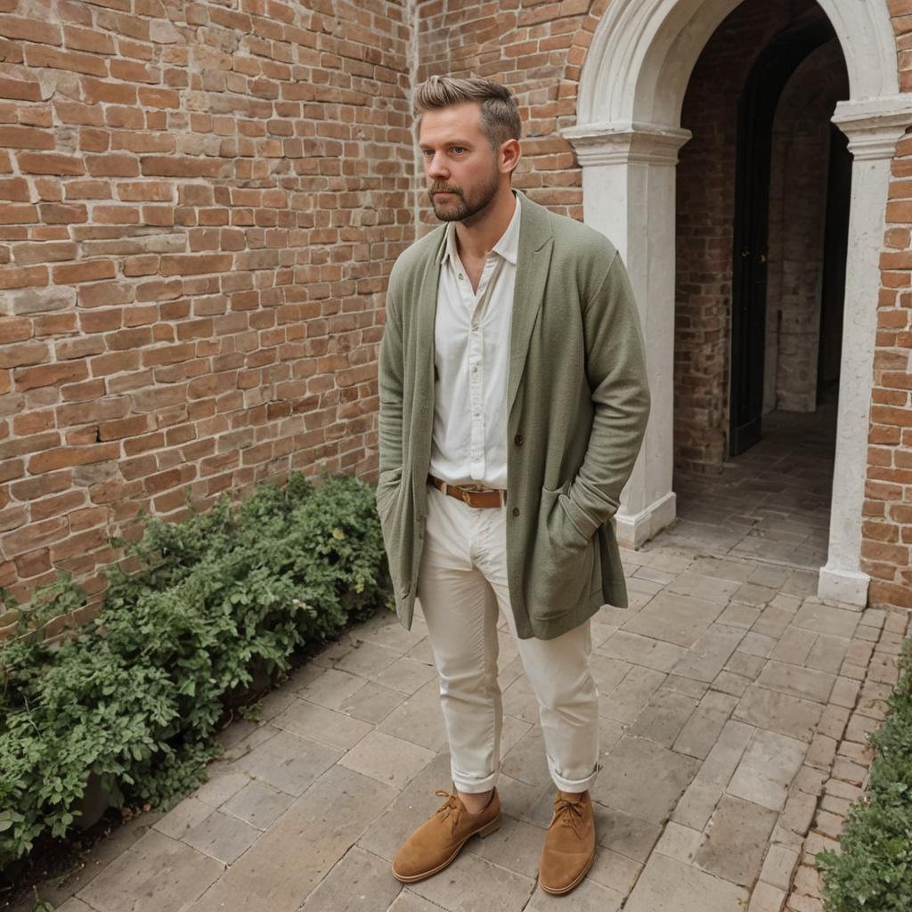 Stylish Man in Green Cardigan Against Brick Background