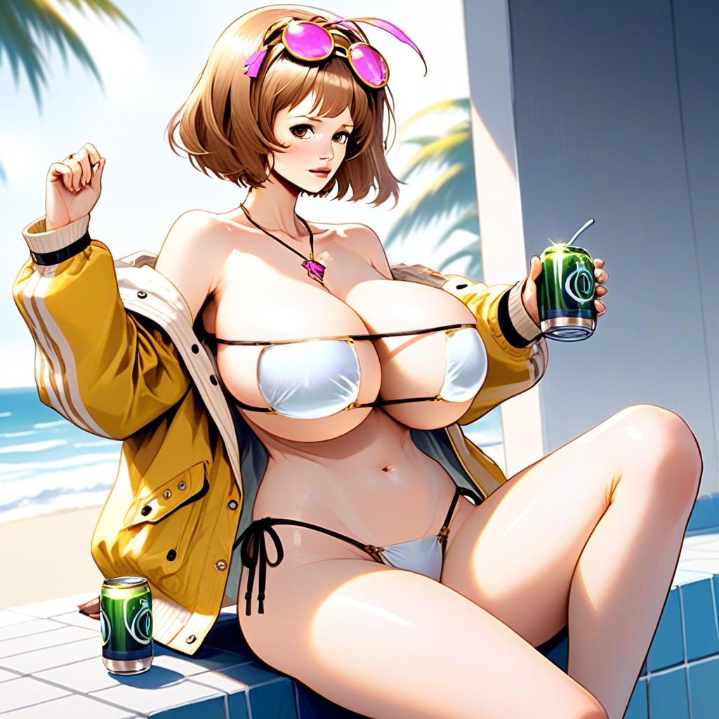Anime Woman in White Bikini and Yellow Jacket Enjoying Sparkling Summer Beach