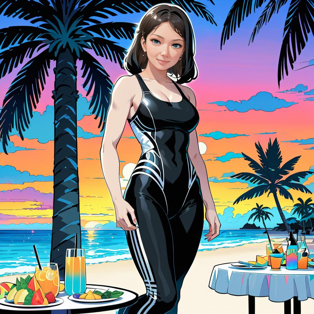 Anime Woman in Sporty Attire on Tropical Beach at Sunset