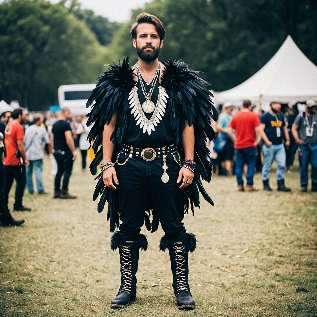 Stylish man in black feathered costume at music festival