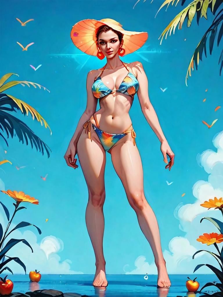 Digital Illustration of Woman in Bikini with Sunhat on Tropical Beach