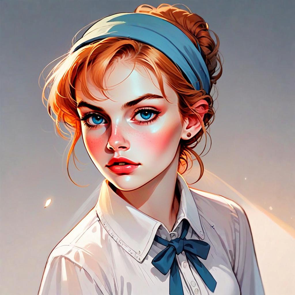 Digital Portrait of Young Woman in Blue Headband and Bow Tie