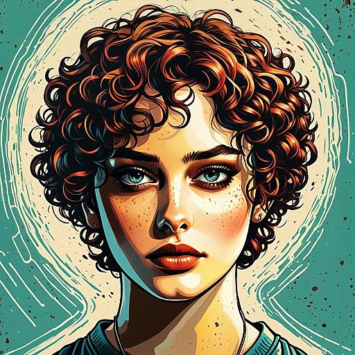 Portrait of a Woman with Curly Red Hair and Blue Eyes Digital Illustration