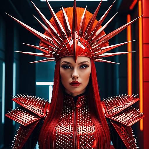 Futuristic Woman in Red Spiked Armor and Headpiece