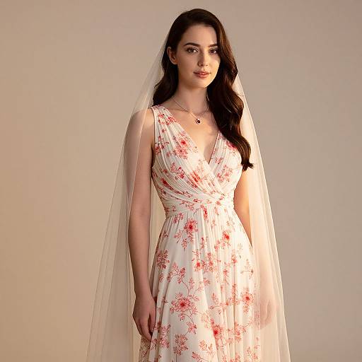Elegant Woman in White Floral Dress with Veil Standing Gracefully