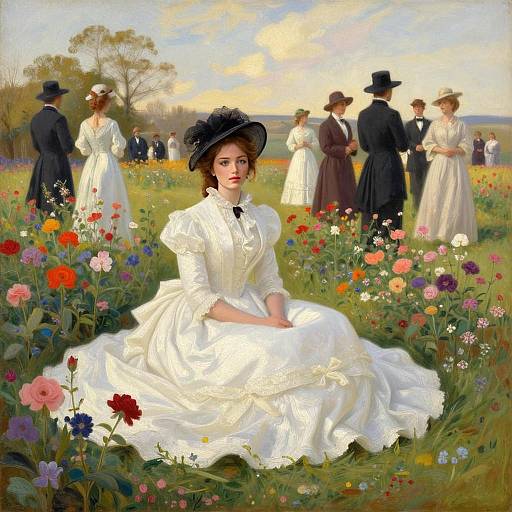 Victorian Woman in White Dress Sitting in Flower Field with People in Period Clothing