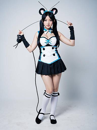 Hamuzou Inspired Anime Style Cosplay with Mouse Ears and Black White Outfit