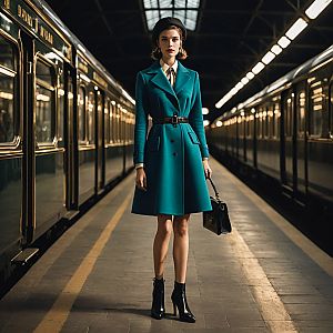 Confident Woman on Vintage Train Platform
