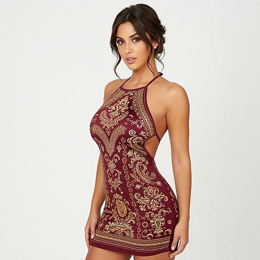 Woman in Maroon Gold Baroque Patterned Halter Mini Dress