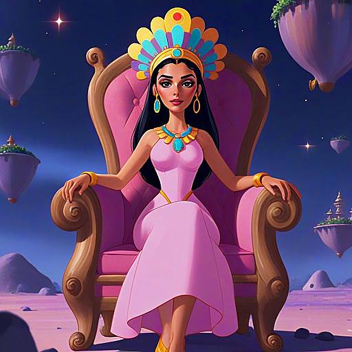 Regal Woman with Colorful Headdress on Throne in Fantasy Landscape