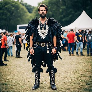 Stylish man in black feathered costume at music festival