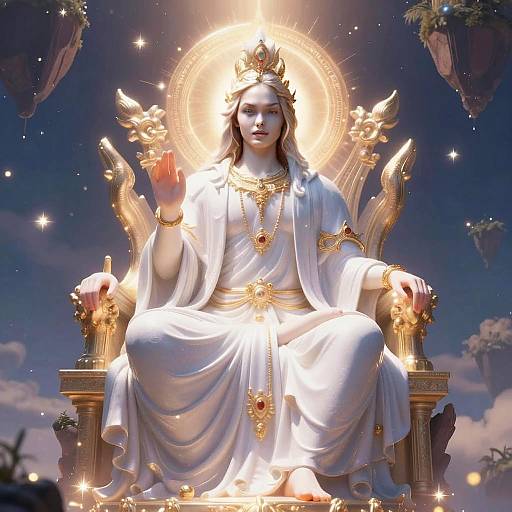 Divine Woman on Ornate Golden Throne with Celestial Halo in Mystical Artwork