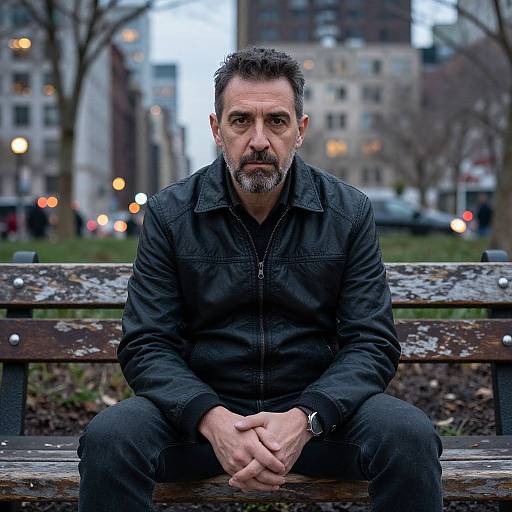Serious Middle-Aged Man Sitting on Bench in Urban Park