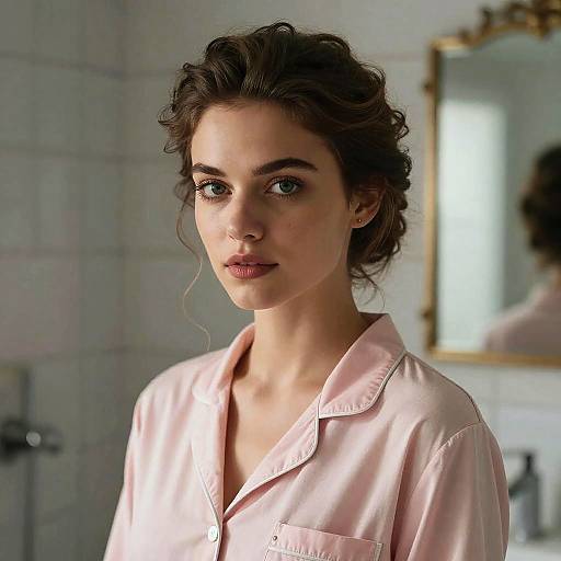 Young Woman in Pink Satin Pajamas in Soft Morning Light