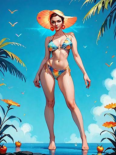Digital Illustration of Woman in Bikini with Sunhat on Tropical Beach
