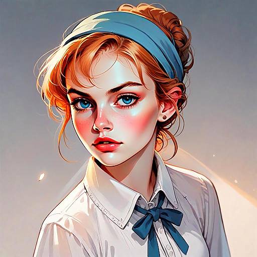 Digital Portrait of Young Woman in Blue Headband and Bow Tie