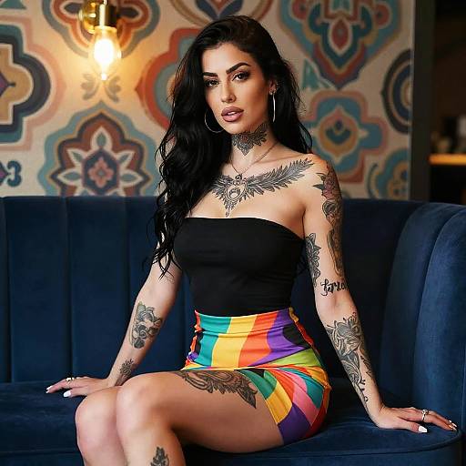 Tattooed Woman in Rainbow Skirt Sitting on Blue Sofa