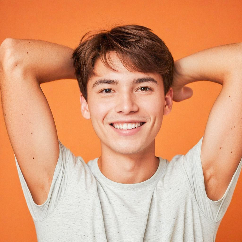Cheerful Young Man in Gray T-Shirt Against Orange Background