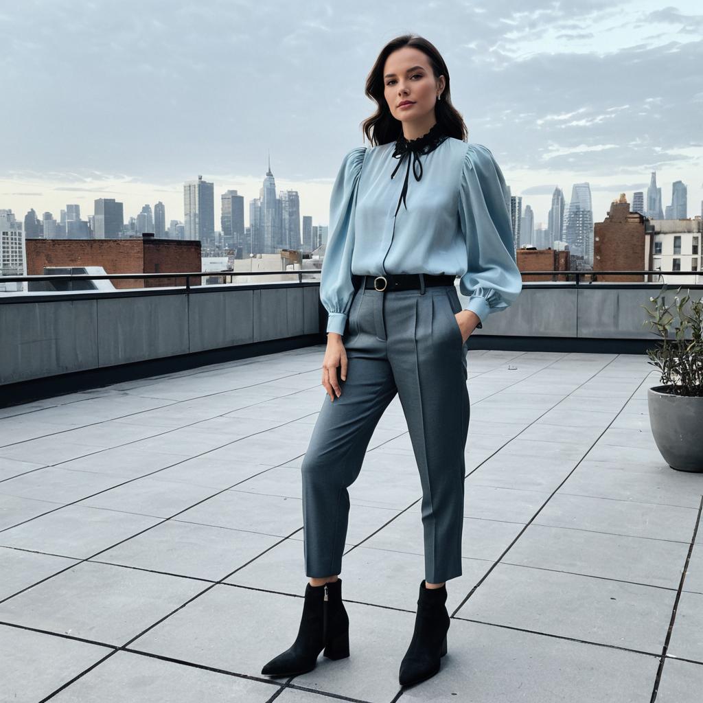 Fashionable Woman in Urban Rooftop Outfit with City Skyline