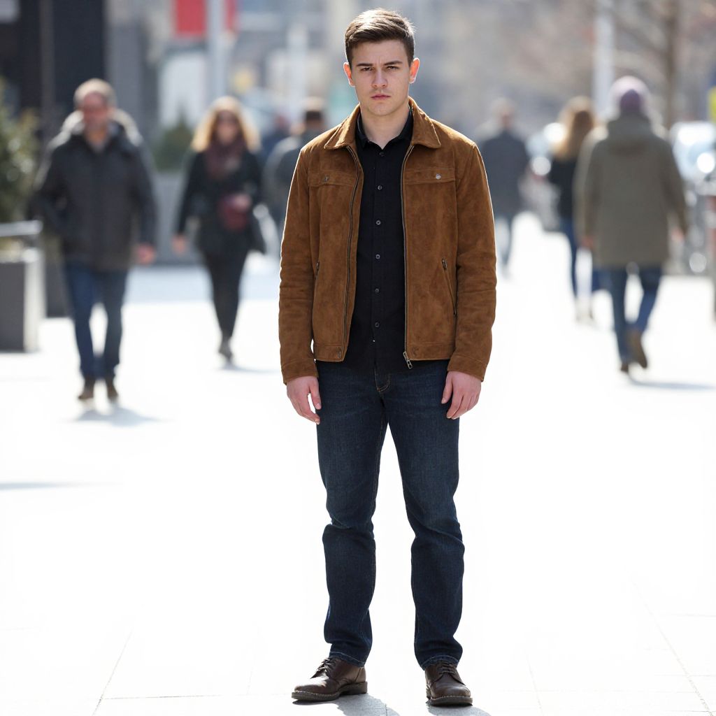 Young Man in Brown Suede Jacket Standing on City Street