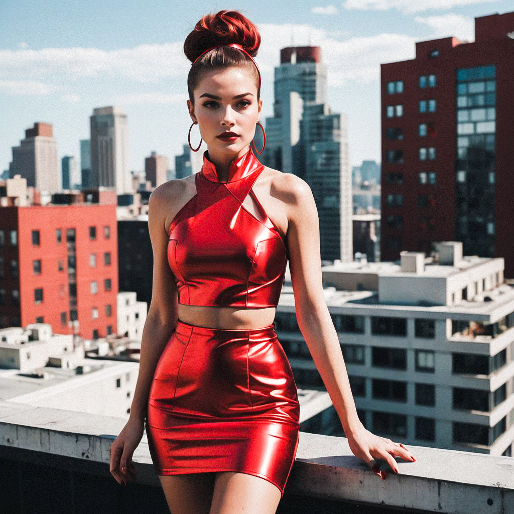 Confident Woman in Red Outfit on Rooftop with City Skyline