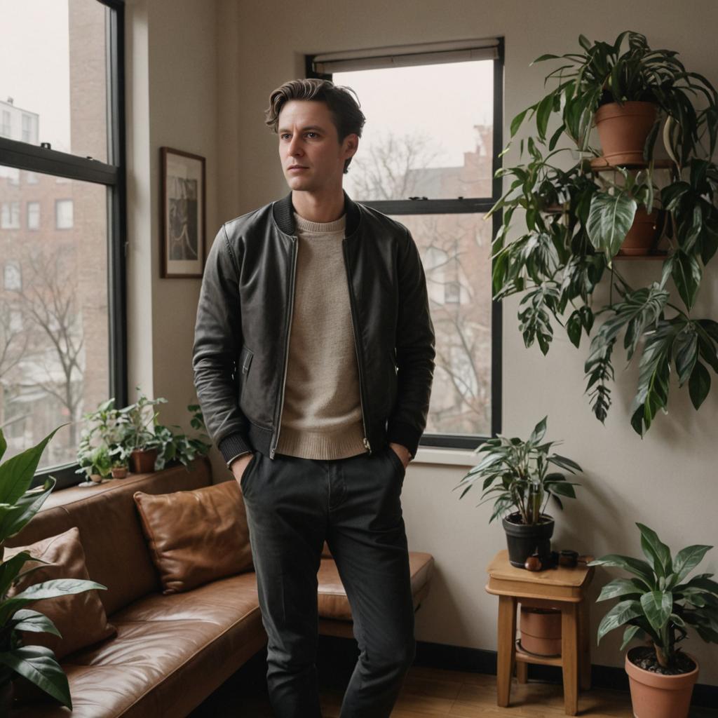 Confident Man in Stylish Outfit Surrounded by Plants